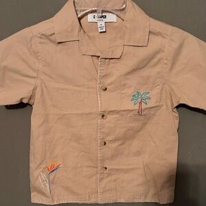 Kids Beige Palm-Embroidered Button Shirt A1